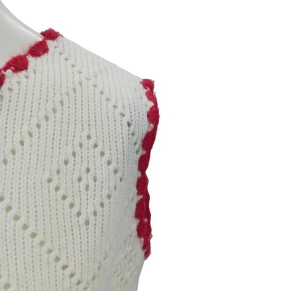Vintage Nan Dorsey Pullover Sweater Vest Size M Eyelet Knit Crochet White Red - Picture 4 of 11